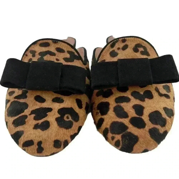 Tabitha Simmons flats size 36 brown calf hair cheetah print slip on bow mules - Picture 2 of 13